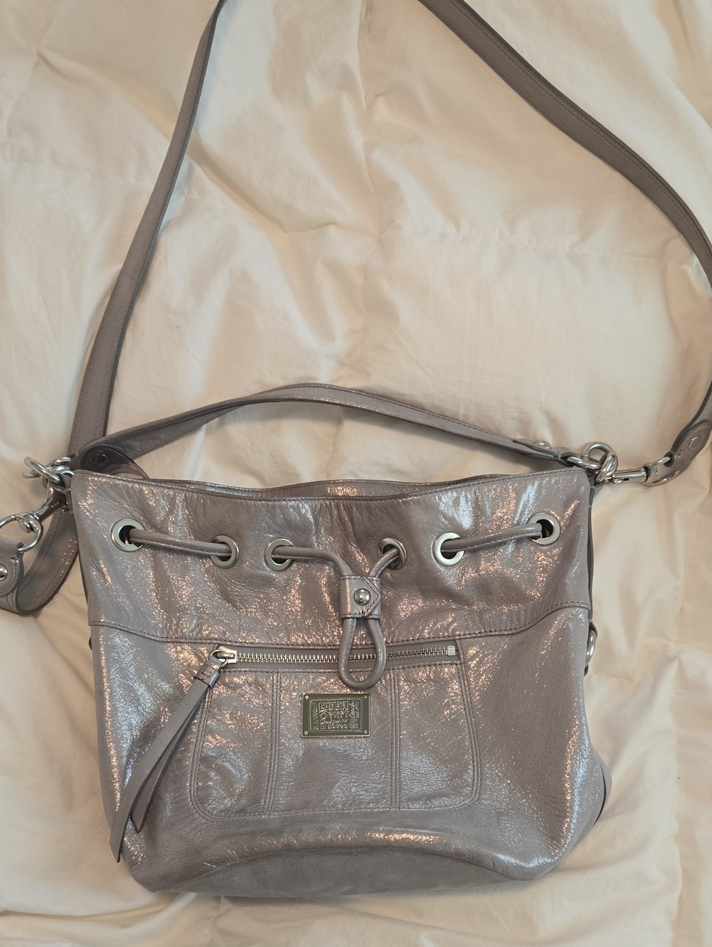 Coach Poppy silver metallic bucket bag